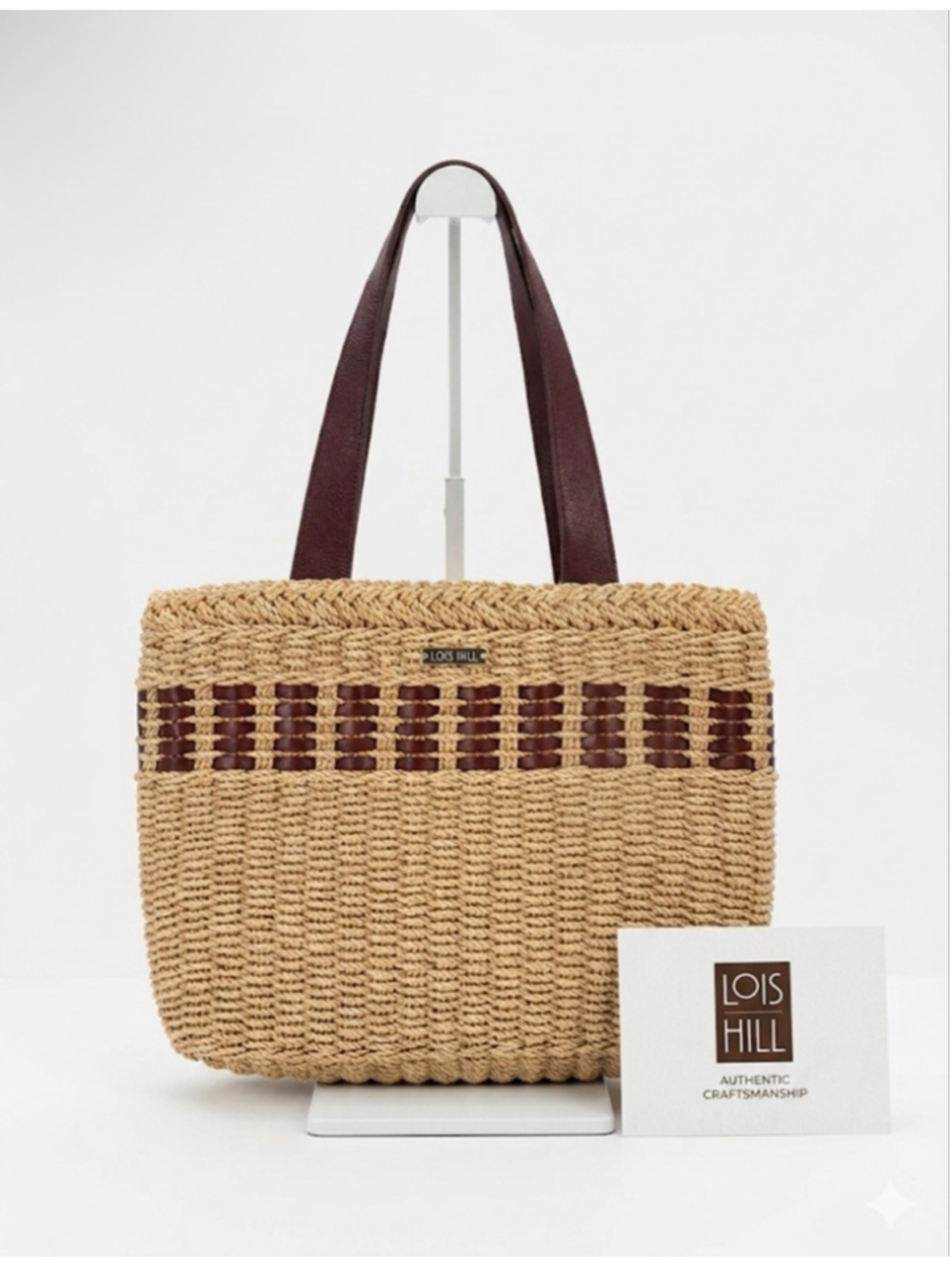 Lois Hill Beige Brown Woven Straw Leather Tote Bag One Size